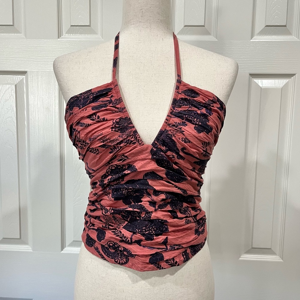 Anthropologie Ruched Toile Floral Print Halter Top